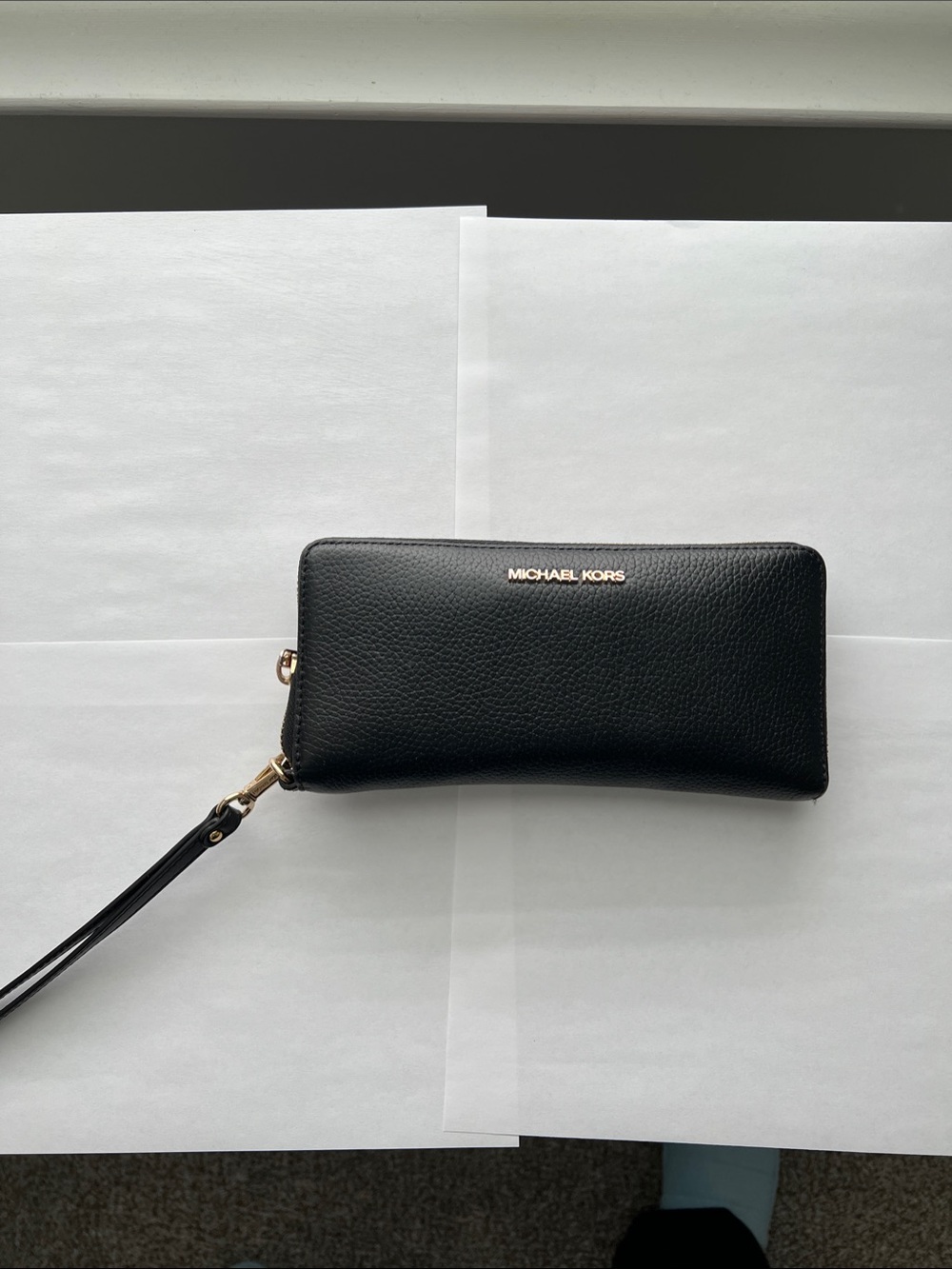 Michael Kors Black Pebbled Leather Zip Wallet with Gold Logo